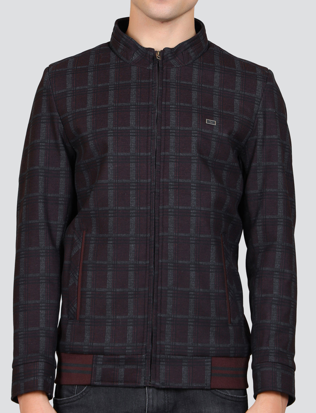 Checked Mock Collar Long Sleeves Woolen Bomber Jacket