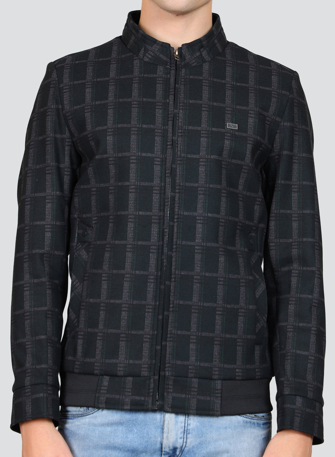 Checked Mock Collar Woolen Bomber Jacket