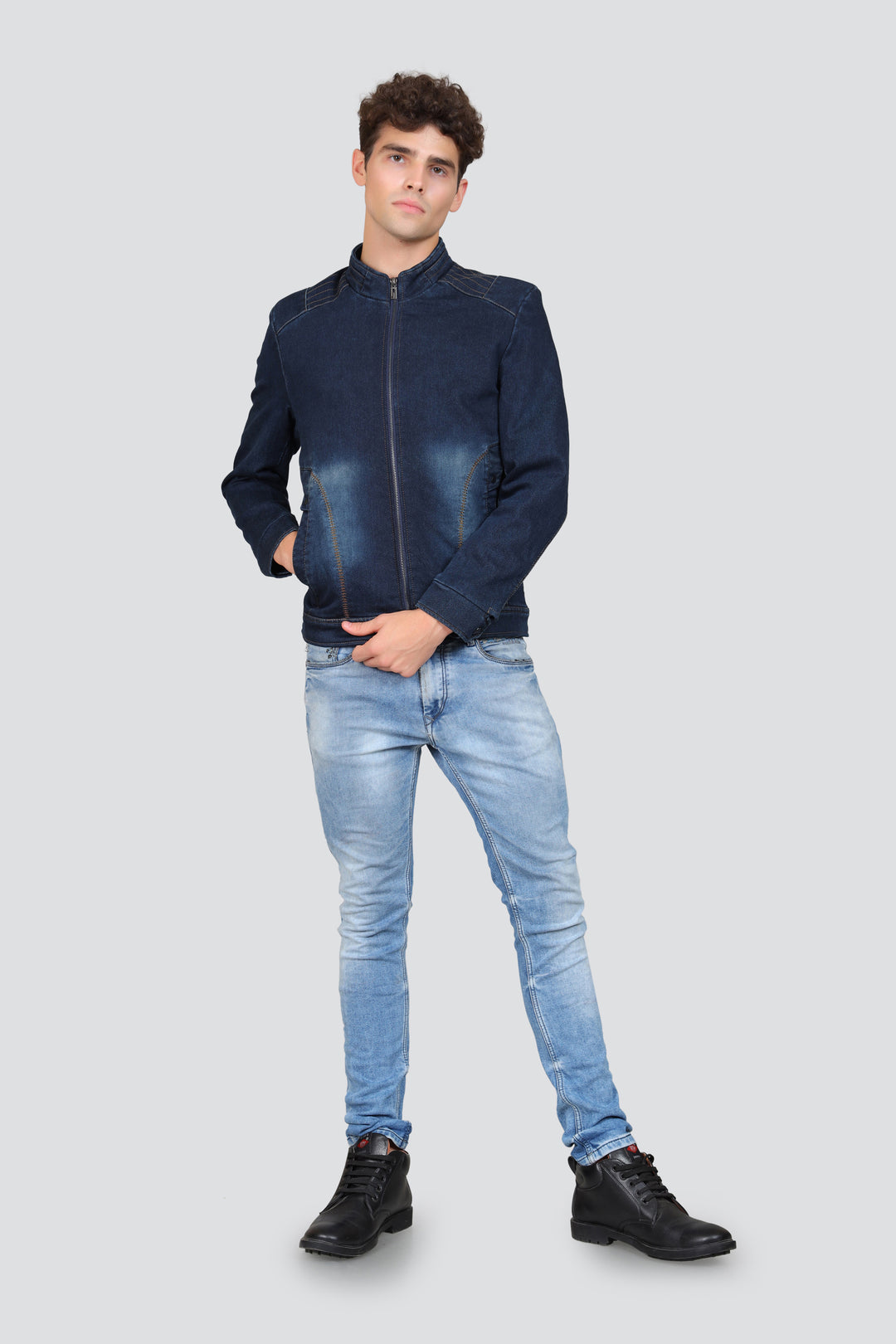 Washed Mock Collar Lightweight Denim Jacket