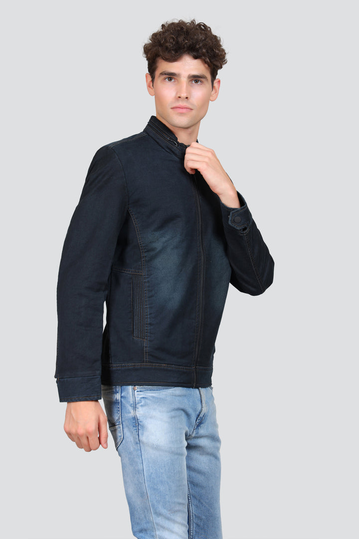 Washed Stand Collar Denim Jacket