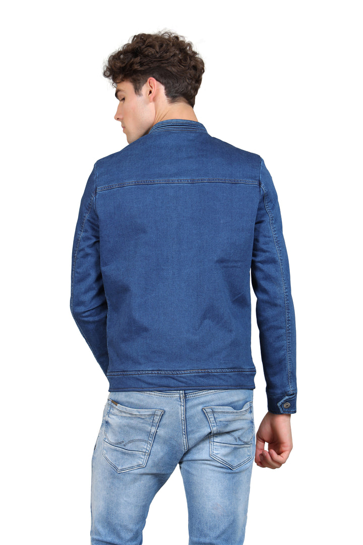 Washed Mock Collar Cotton Denim Jacket