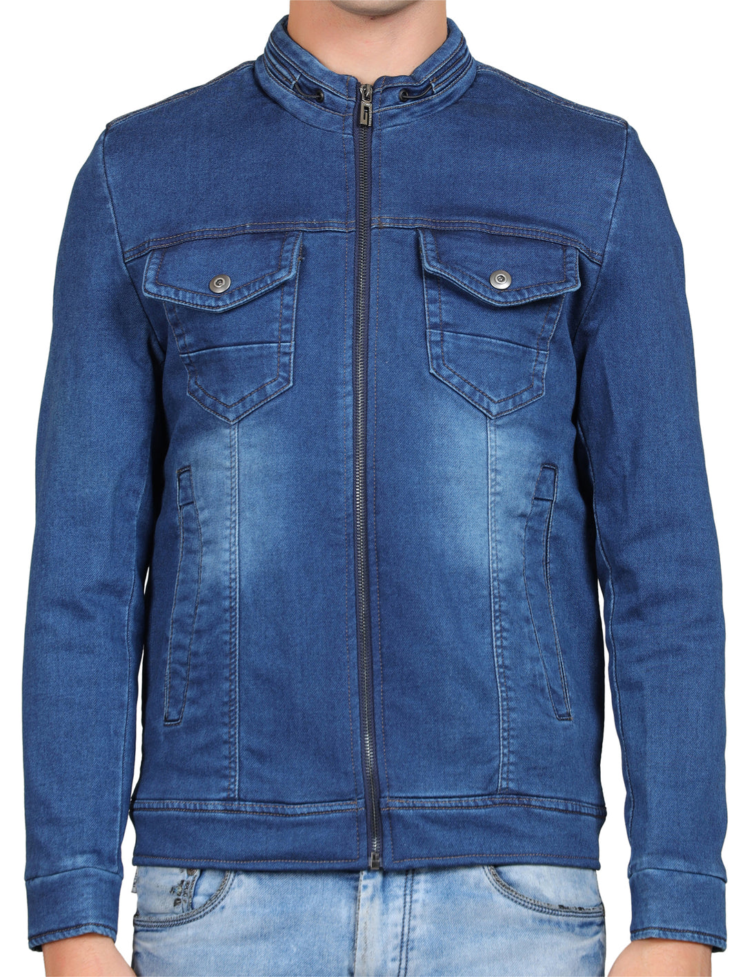 Washed Mock Collar Cotton Denim Jacket