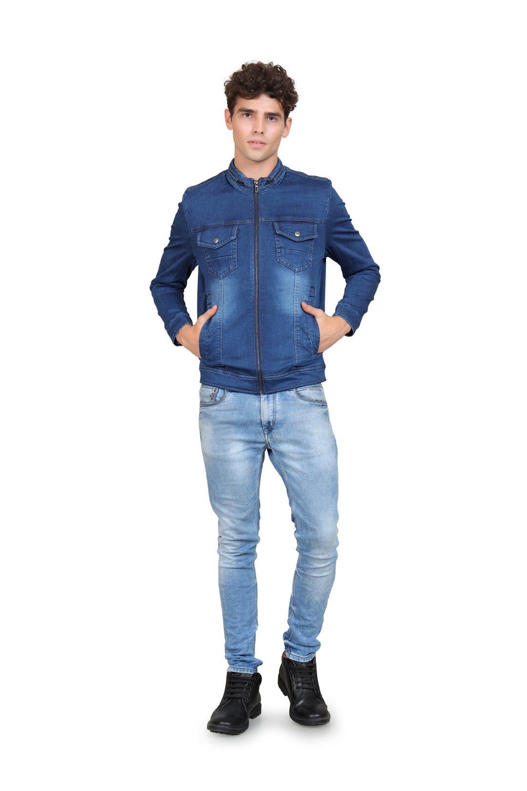 Washed Mock Collar Cotton Denim Jacket