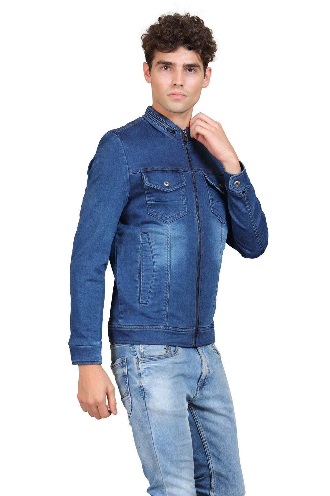 Washed Mock Collar Cotton Denim Jacket