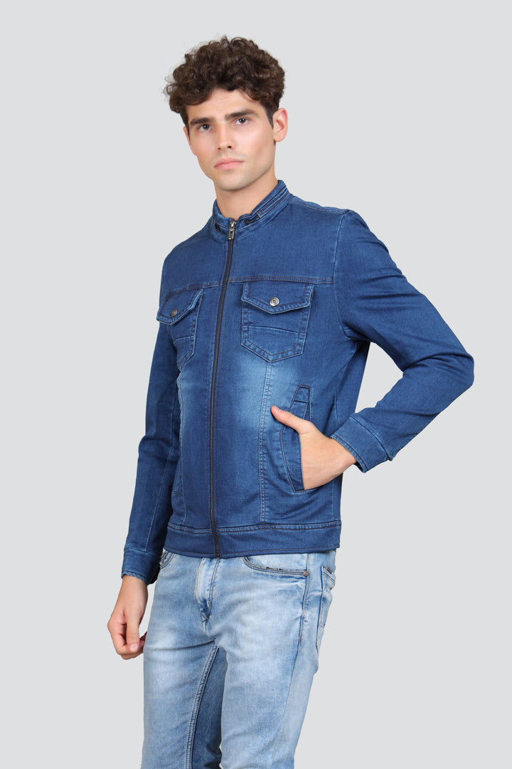 Washed Mock Collar Cotton Denim Jacket