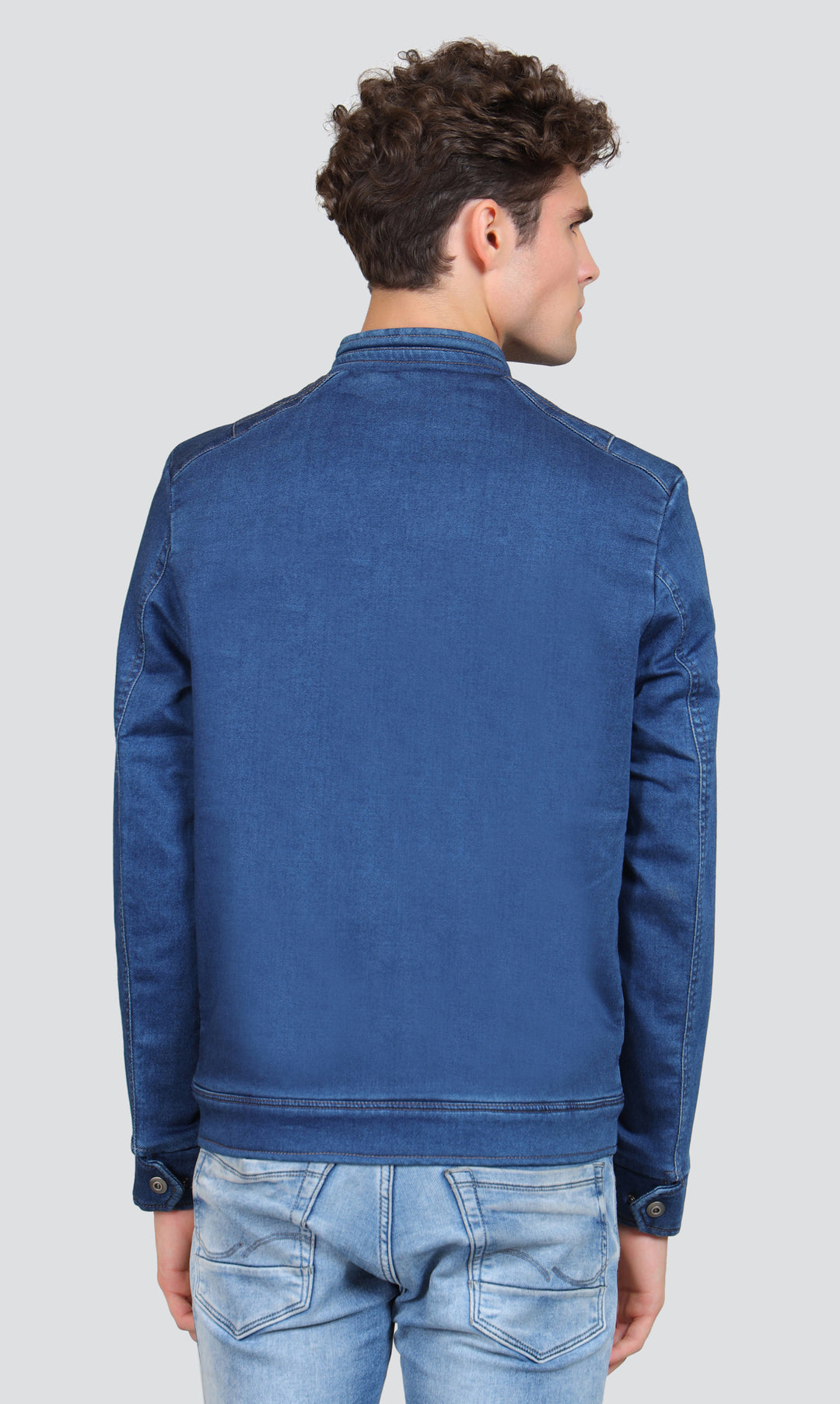 Washed Mock Collar Long Sleeves Denim Jacket