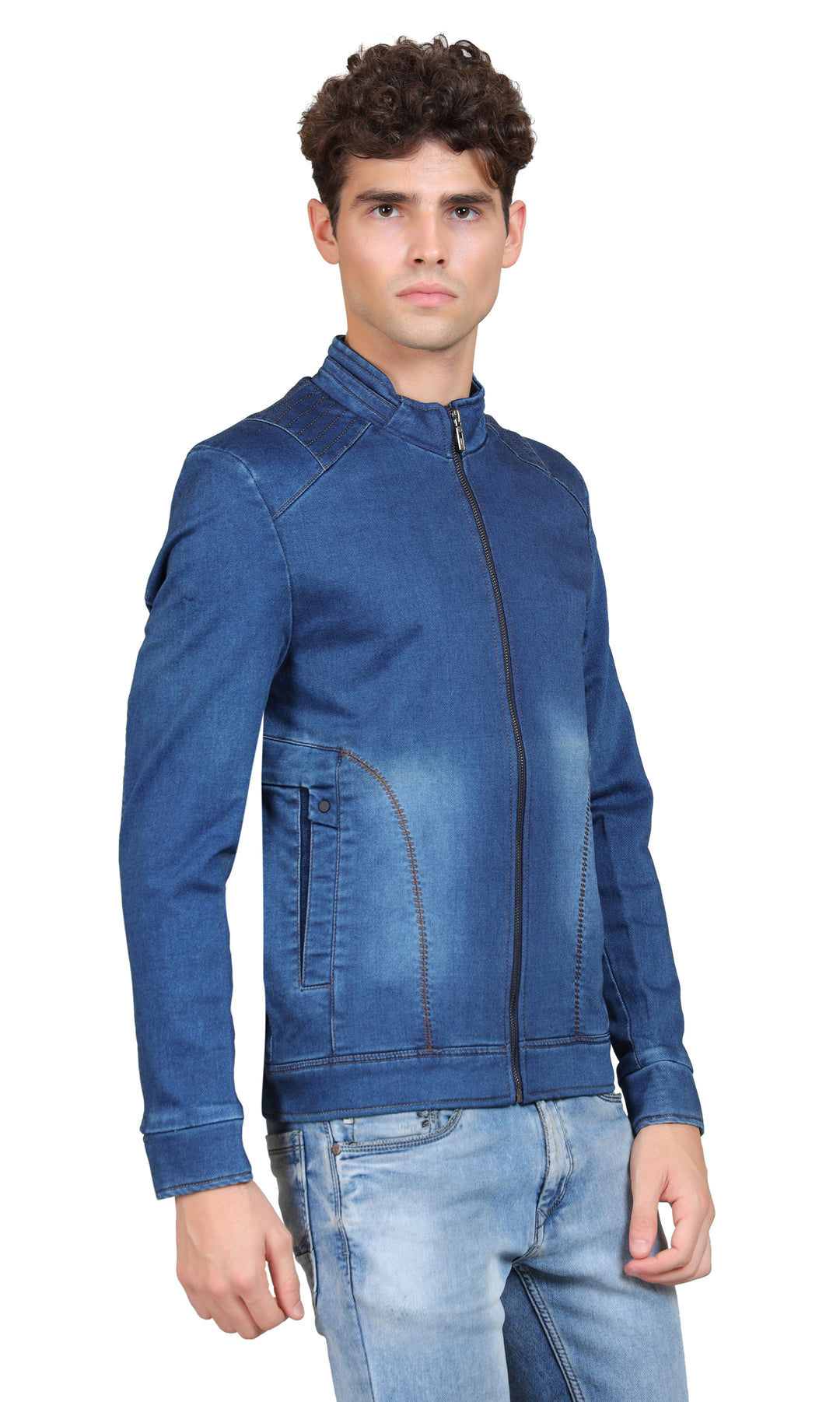 Washed Mock Collar Long Sleeves Denim Jacket