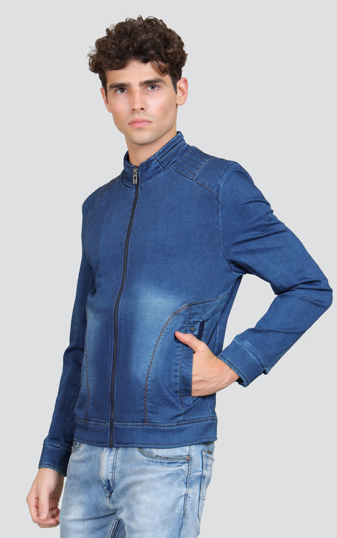 Washed Mock Collar Long Sleeves Denim Jacket