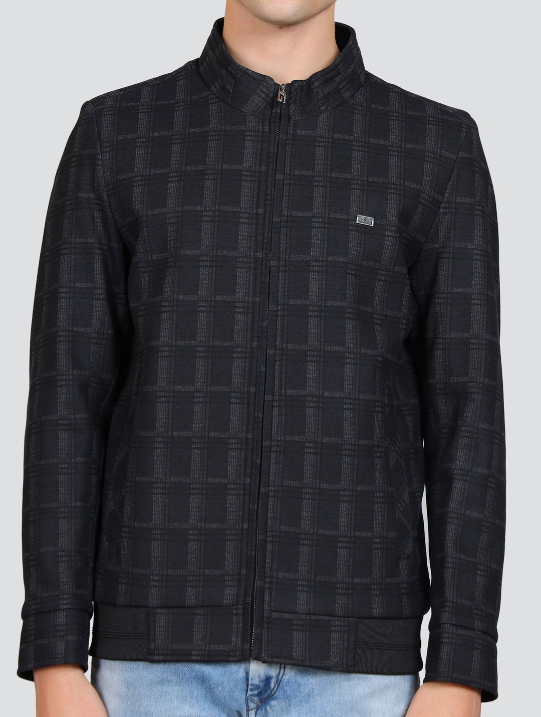 Checked Mock Collar Woolen Bomber Jacket